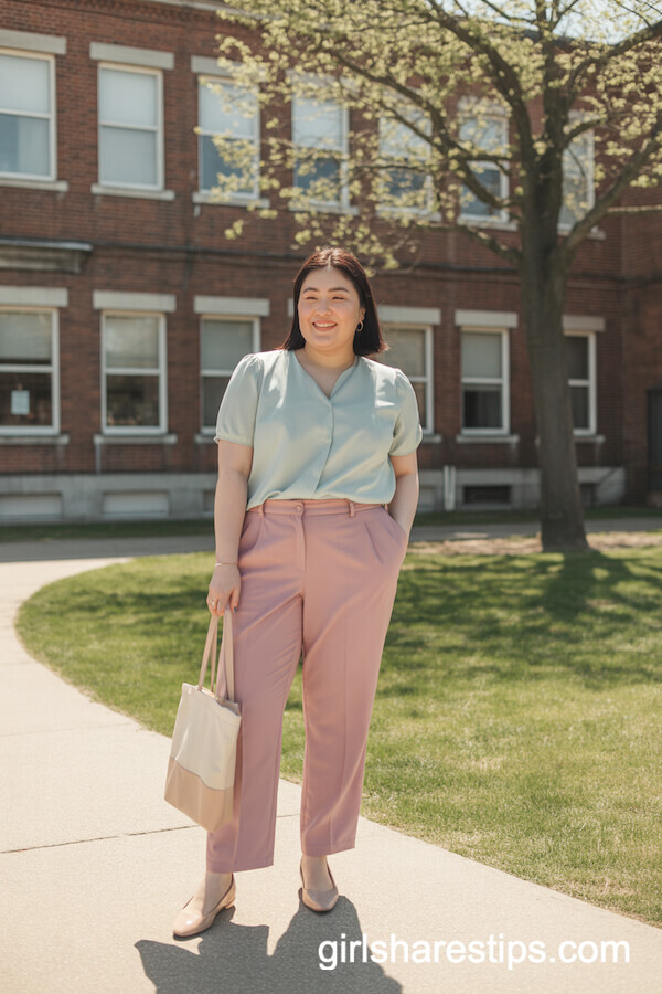 Pastel Pink Slacks with Mint Blouse and Nude Flats