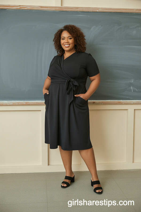 Waist-Tied Knee-Length Dress with Block Heels
