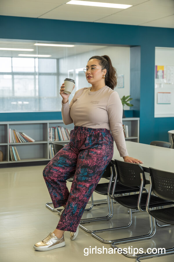 Vivid Patterned Pants with Metallic Sneakers
