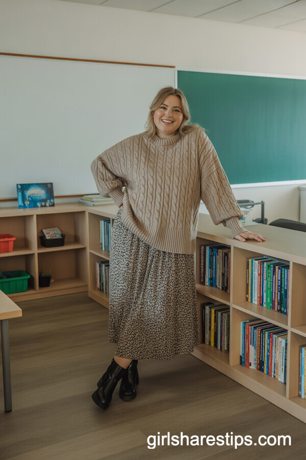 Oversized Beige Sweater with Flowy Print Skirt