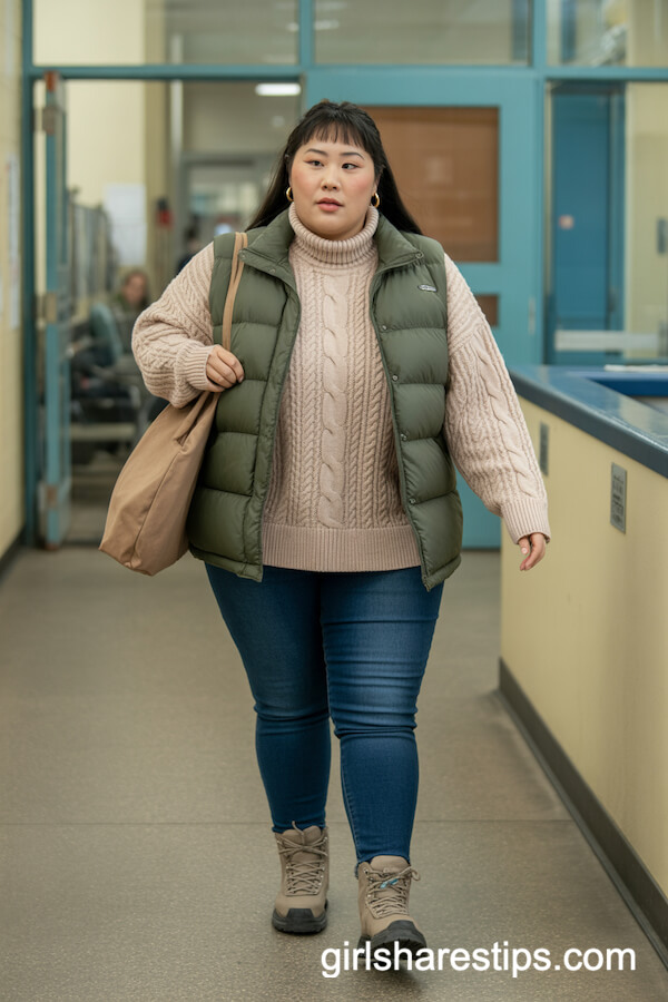 Puffer Vest with Cable Knit Sweater and Hiking Boots