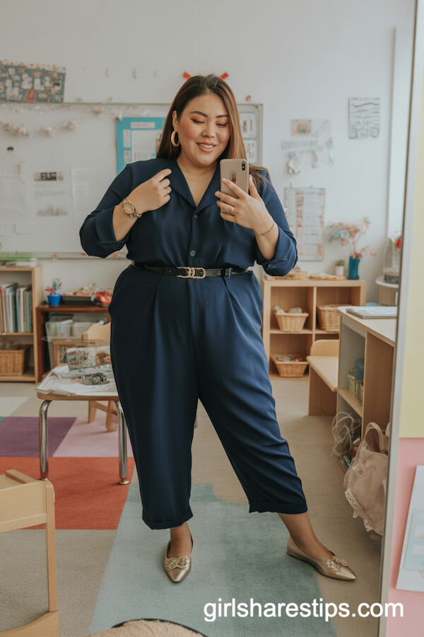 Chic Navy Jumpsuit with Gold Accessories