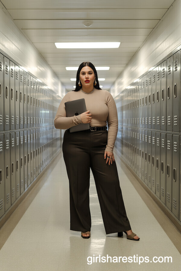 Wide-Leg Black Trousers with Fitted Beige Sweater