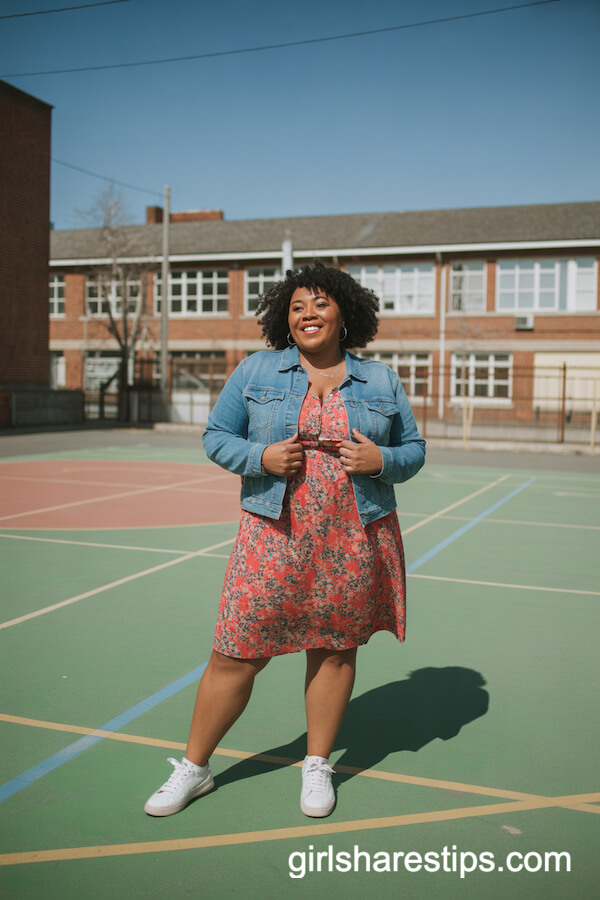 Bright Floral Dress with Jean Jacket and Sneakers