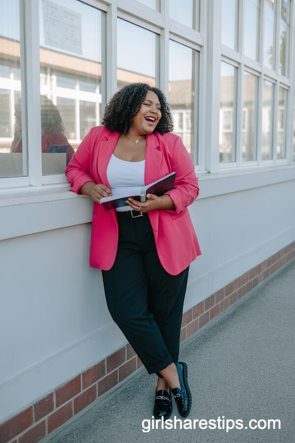Bold Pink Blazer with White Tank and Black Pants