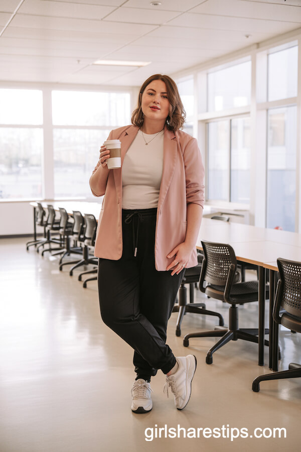 Black Jogger Pants with Blush Pink Blazer