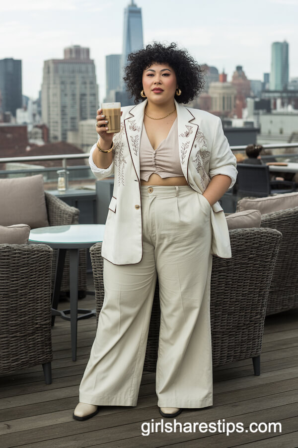 White Western Blazer with Wide-Leg Trousers and Gold Jewelry