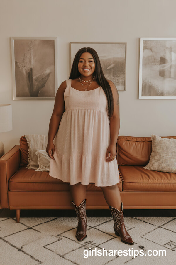 Pastel Sundress with Classic Leather Cowboy Boots and Delicate Necklaces