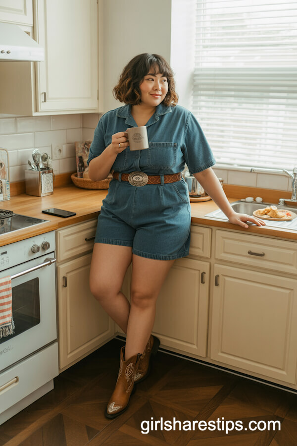 Short Chambray Romper with Concho Belt and Brown Western Booties