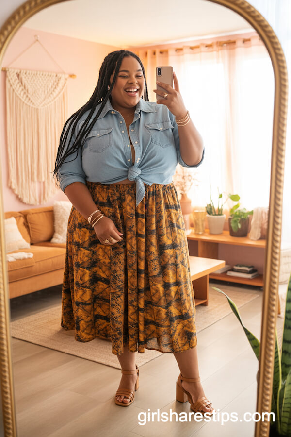Knotted Denim Western Shirt with Bold-Patterned Midi Skirt and Sandals