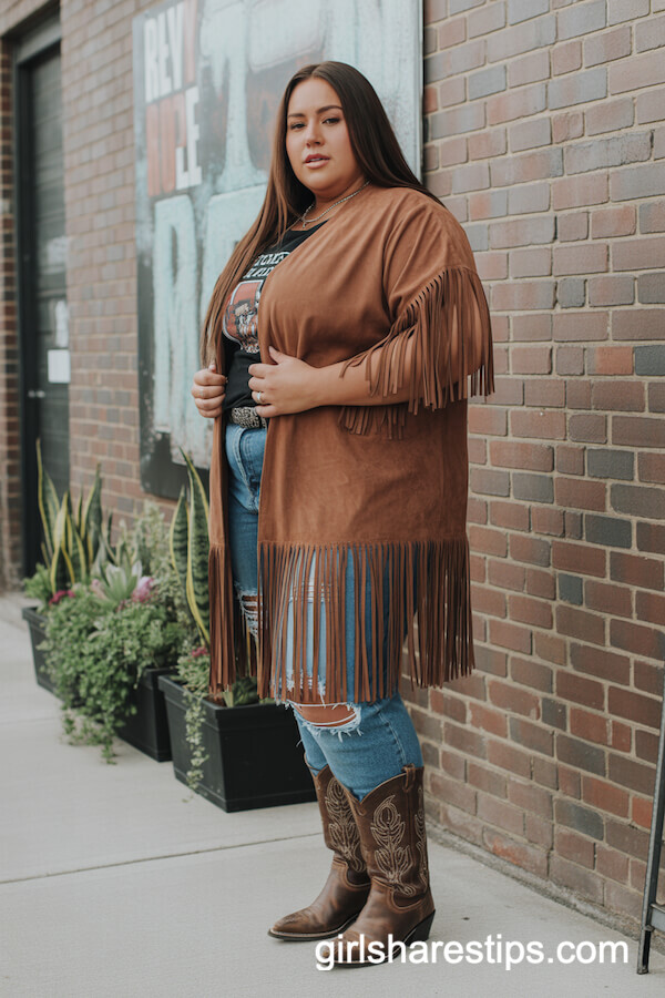 Brown Suede Fringe Cardigan with Graphic Tee and Distressed Jeans