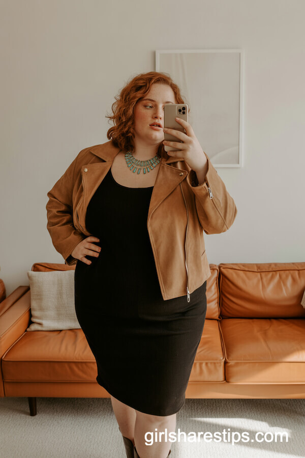 Tan Suede Moto Jacket with Black Tank Dress and Turquoise Necklace