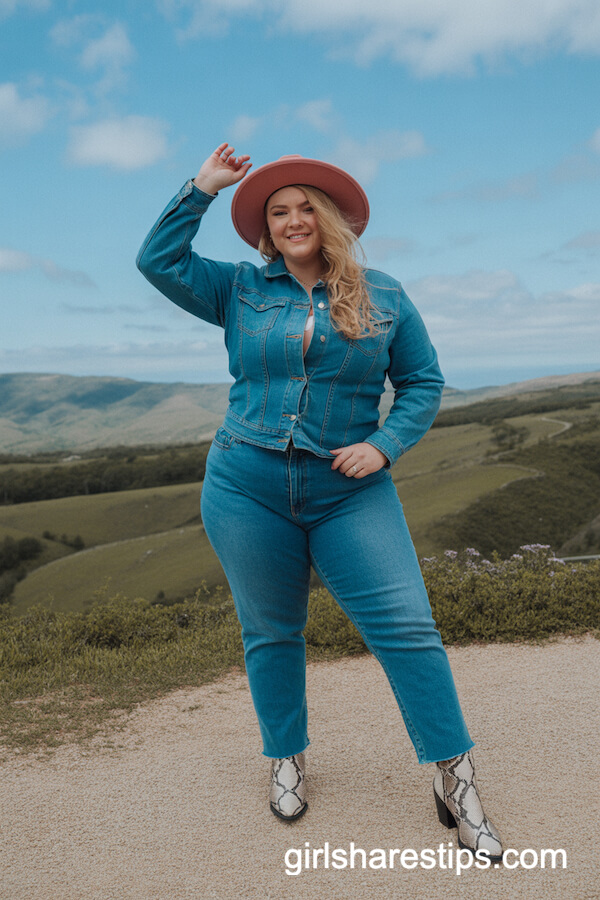 Fitted Denim Jacket with Classic Jeans and Bold Western Hat