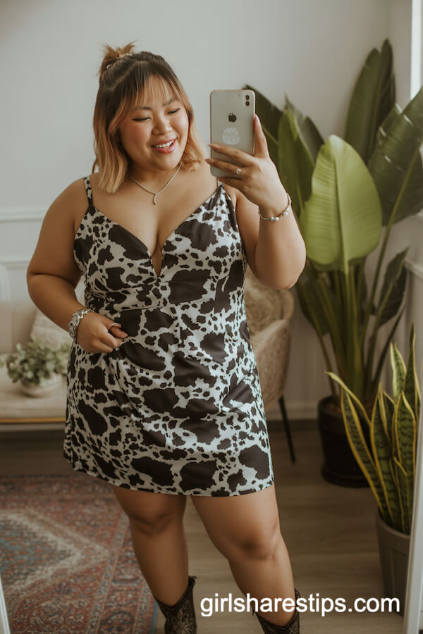 Black and White Cow Print Mini Dress with Western Ankle Boots