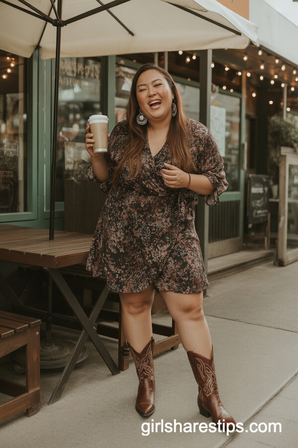Western Print Wrap Dress with Concho Earrings and Cowboy Boots