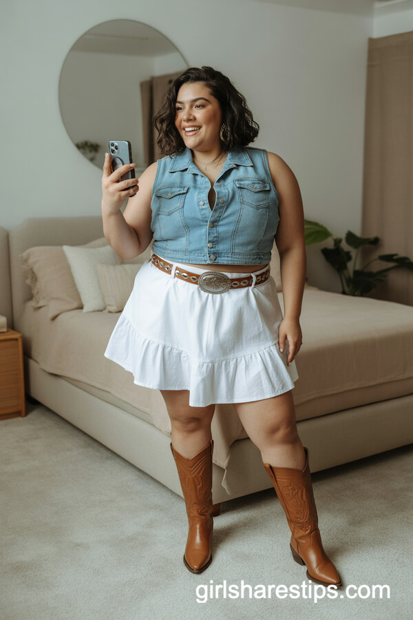 Light Blue Denim Vest with White Ruffled Skirt and Knee-High Boots
