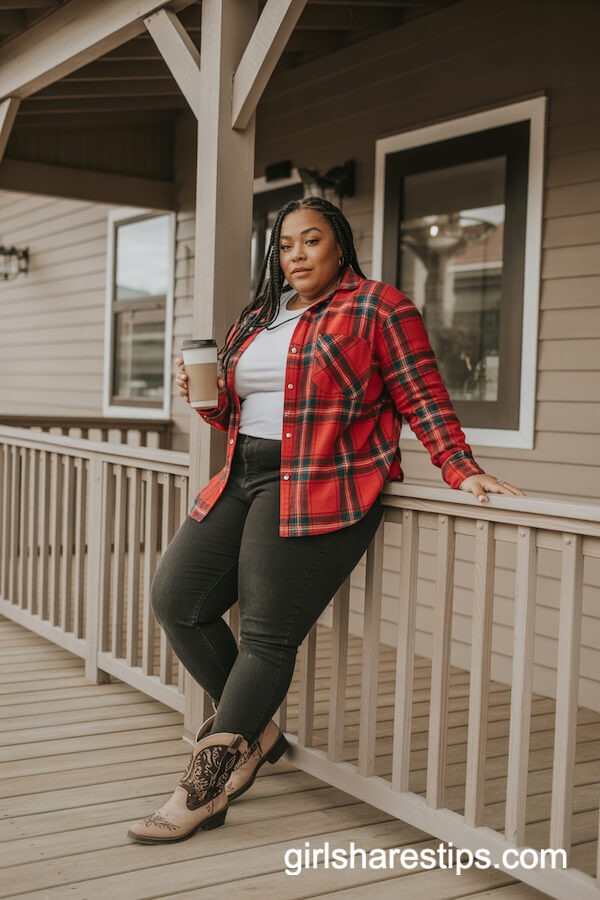 Red Plaid Flannel Shirt Layered Over White Tee and Dark Skinny Jeans