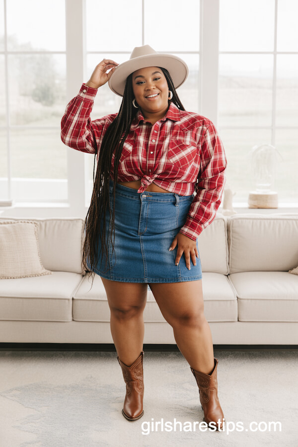 Red and White Plaid Button-Up Shirt Tied at Waist with Denim Skirt