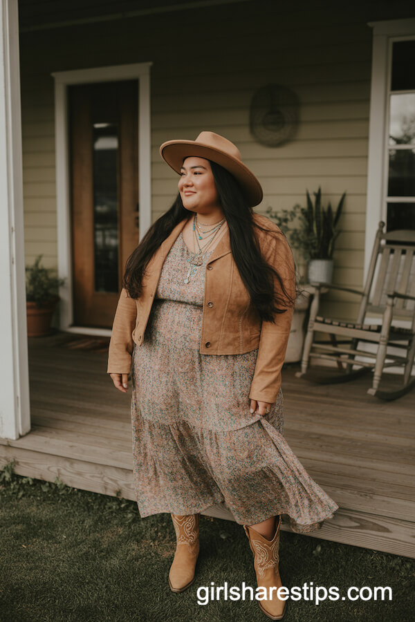 Flowy Bohemian-Style Maxi Dress with Suede Cropped Jacket and Hat
