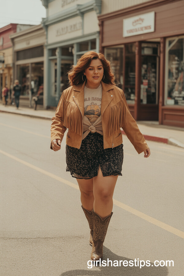Tan Suede Fringe Jacket with Graphic Tee and Black Printed Mini Skirt