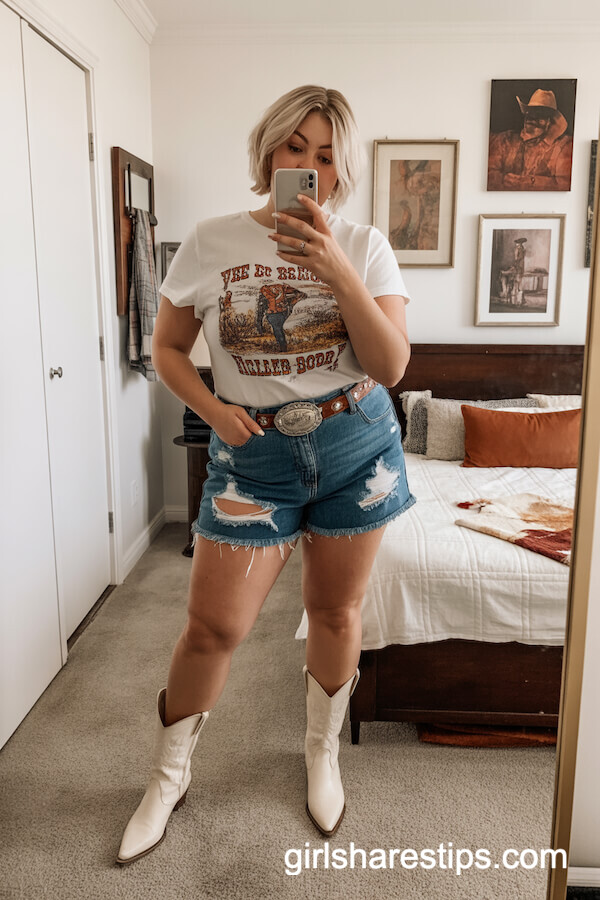Western-Themed Graphic Tee with Distressed Denim Shorts and Cowboy Boots