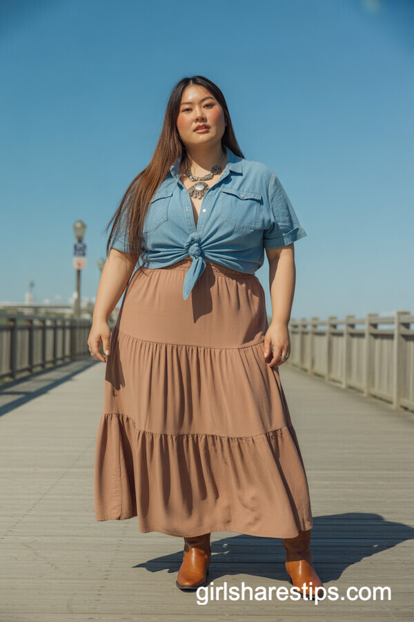 Tiered Boho-Style Maxi Skirt with Tucked Chambray Shirt and Ankle Boots