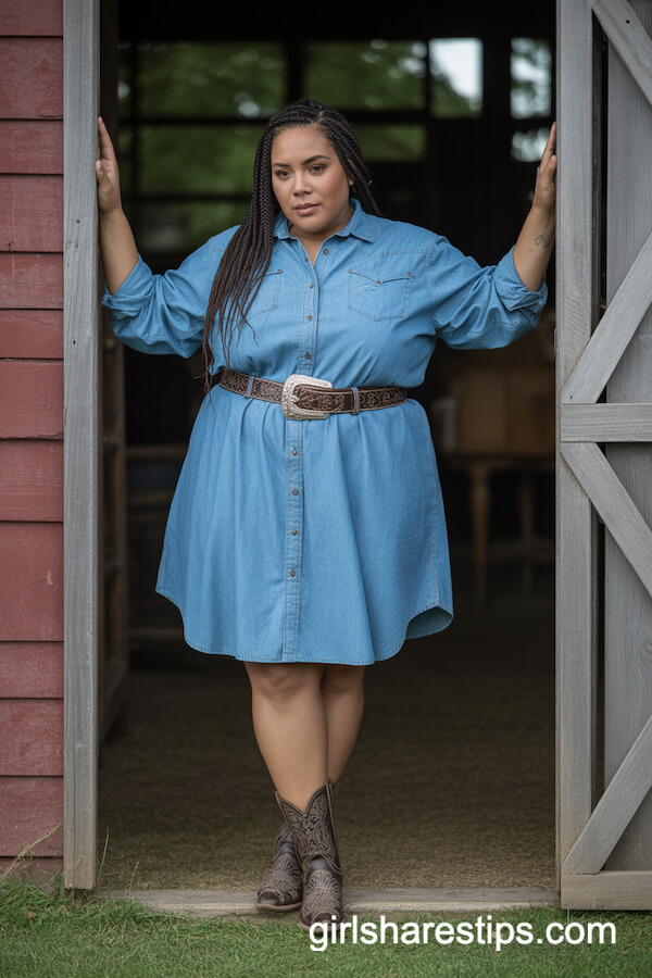 Chambray Western Shirt Dress with Tooled Leather Belt and Snip-Toe Boots