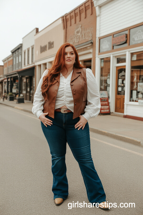 Brown Leather Western Vest with Tucked White Blouse and Flared Jeans