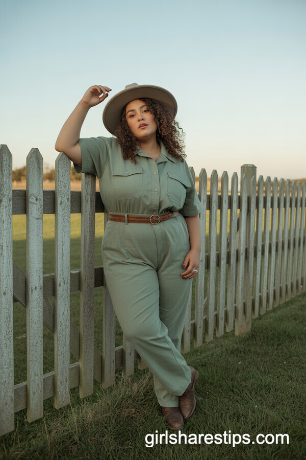 Sage Green Utility Jumpsuit with Wide-Brim Hat and Brown Boots