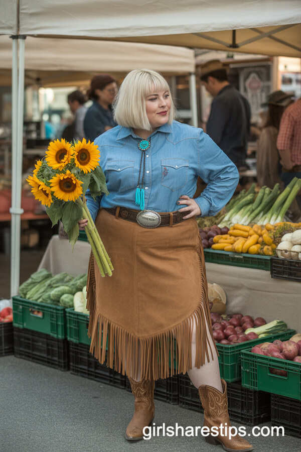 Western Chambray Shirt with Suede Fringe Skirt and Turquoise Bolo Tie