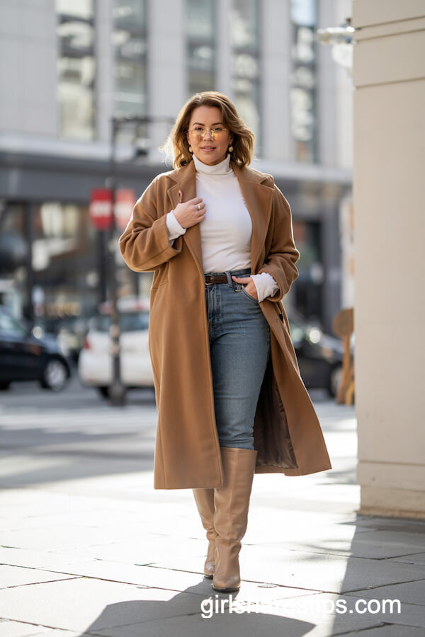 Chic Camel Coat with Skinny Jeans and Knee Boots