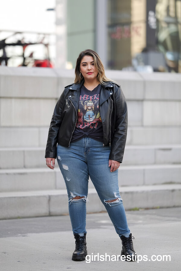 Leather Biker Jacket with Ripped Skinny Jeans and Combat Boots