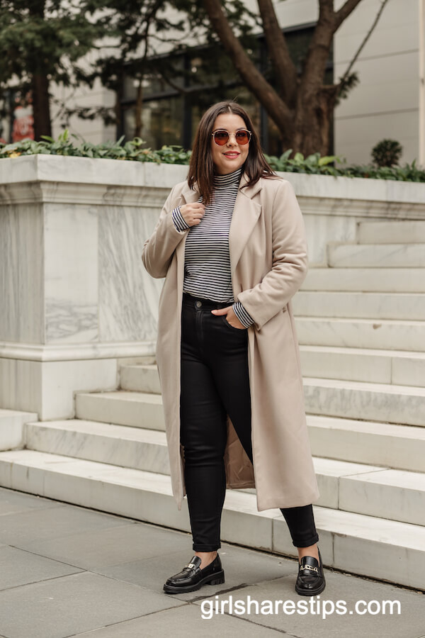 Beige Wool Coat and Striped Turtleneck Outfit