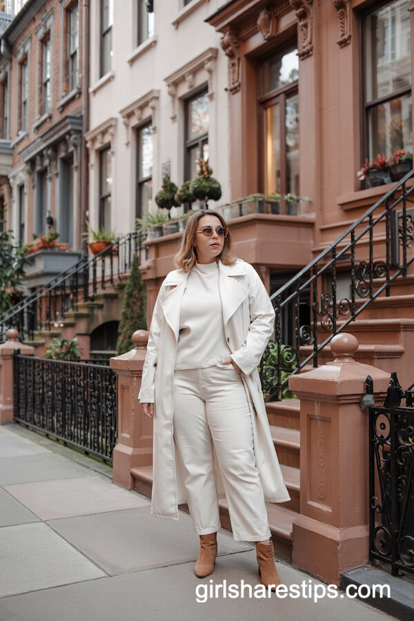 All-White Winter Look with Wrap Coat and Tan Boots