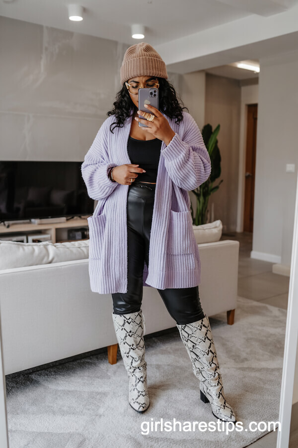 Lavender Cardigan with Black Leggings and Knee High Boots