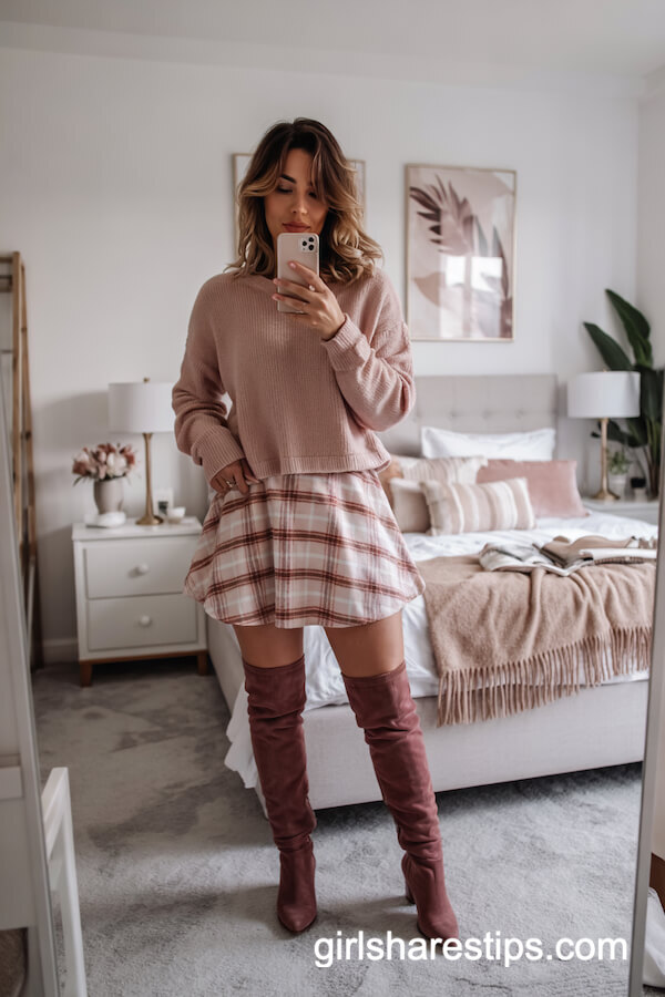 Fuzzy Pink Sweater and Plaid Mini Skirt Outfit