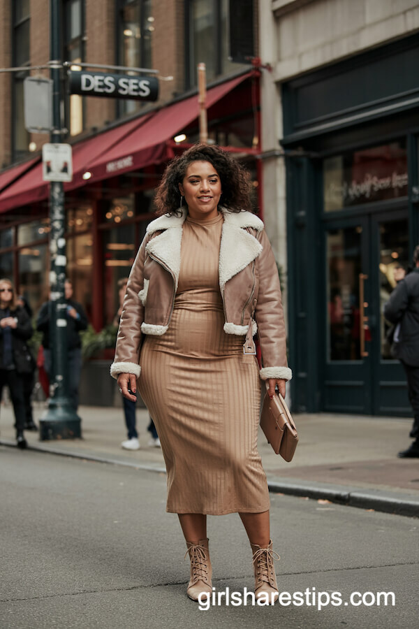 Cropped Shearling Moto Jacket with Rib Knit Midi Dress