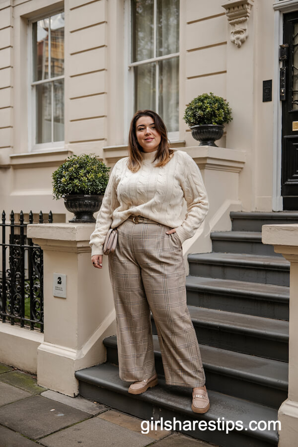Chunky Cable-Knit Sweater with Plaid Wide-Leg Trousers
