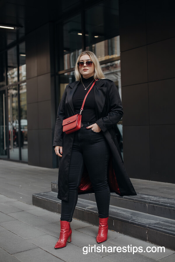 Sleek All-Black Winter Outfit with Red Accents