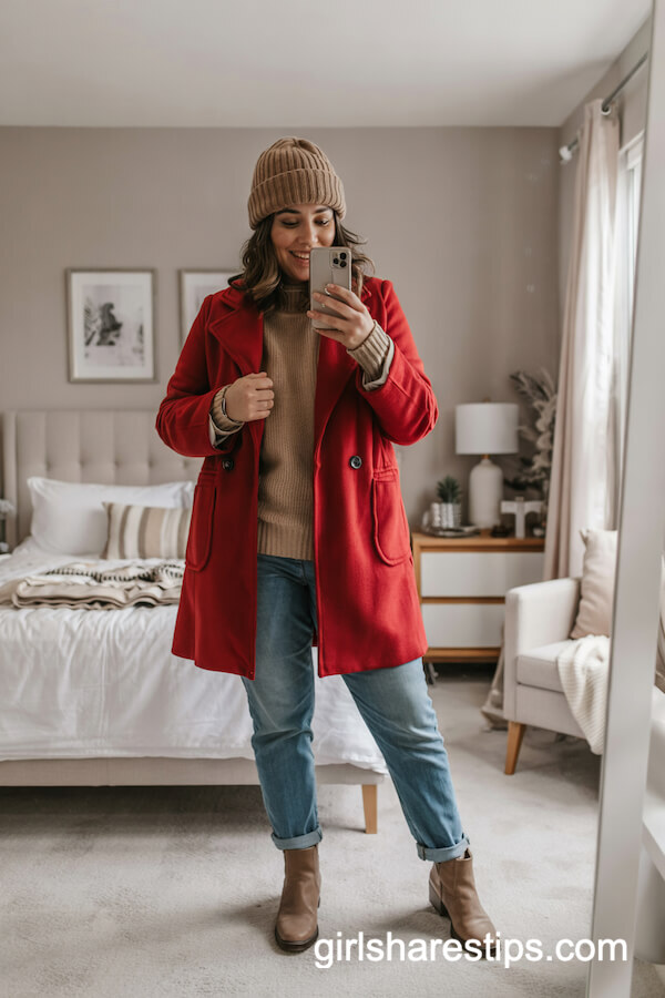 Red Statement Coat and Chunky Scarf Outfit