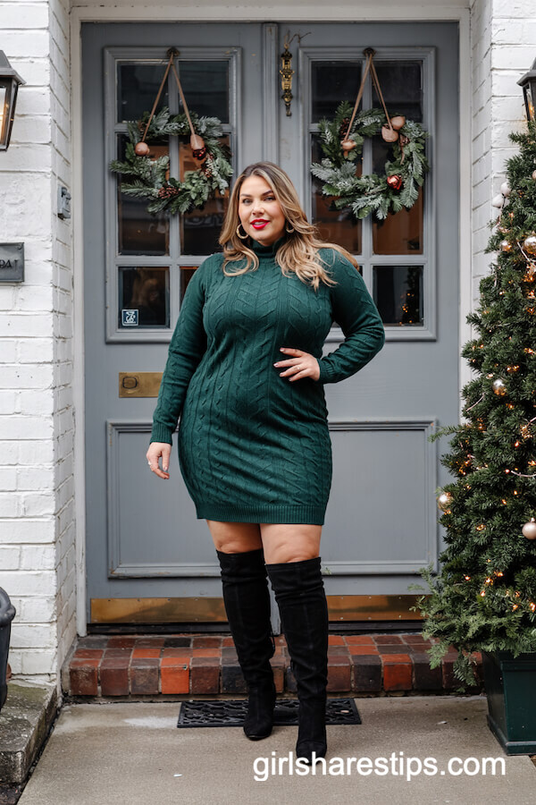Green Sweater Dress with Black Over-the-Knee Boots