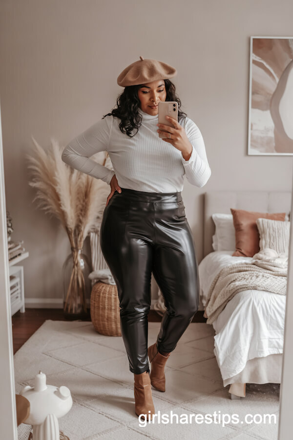 White Turtleneck and Faux Leather Leggings