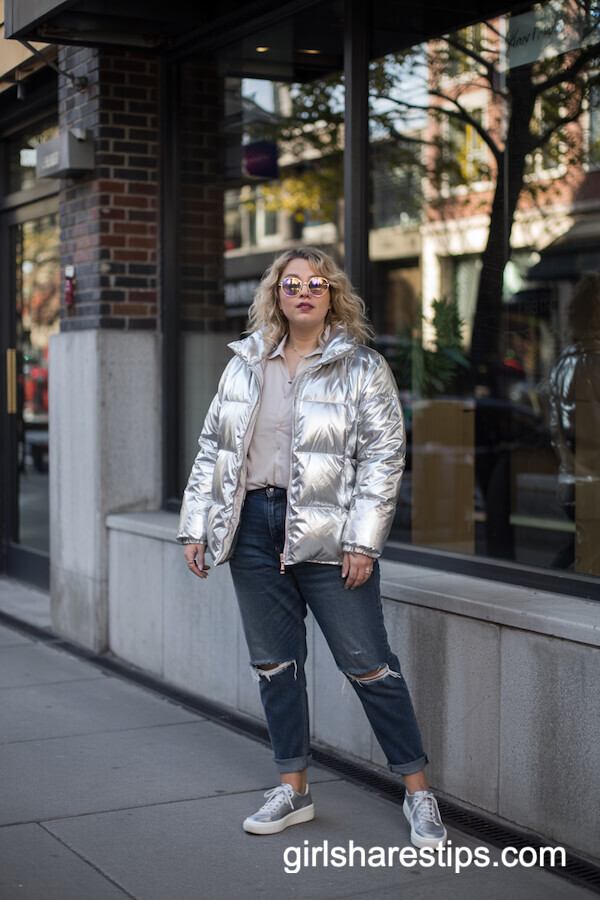 Metallic Puffer Jacket with Distressed Jeans