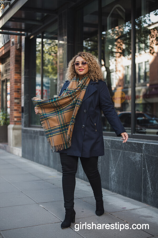 Navy Peacoat with Skinny Jeans and Plaid Scarf