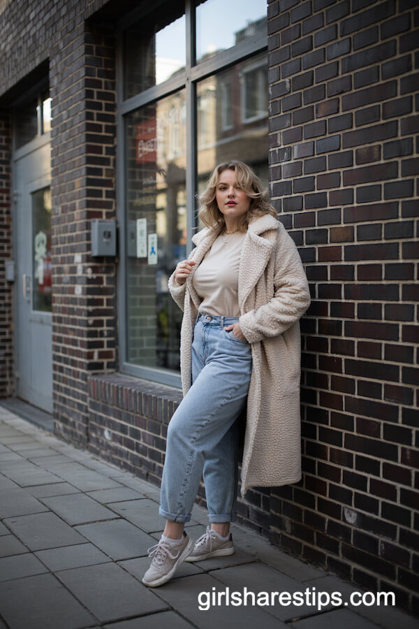 Teddy Coat with Mom Jeans and Sneakers