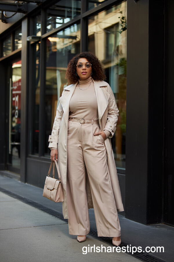 Neutral Layered Winter Outfit with Wide-Leg Trousers