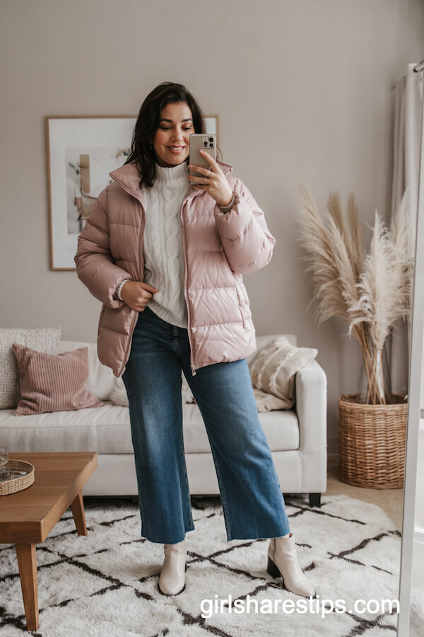 Pastel Pink Puffer Jacket with Cropped Jeans and Ankle Boots