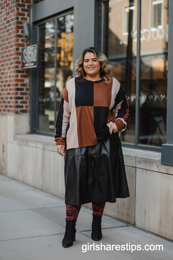 Color Block Sweater and Black Leather Midi Skirt
