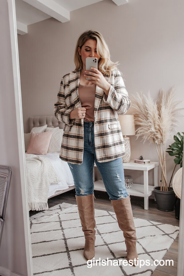Plaid Blazer with Distressed Jeans and Knee High Boots