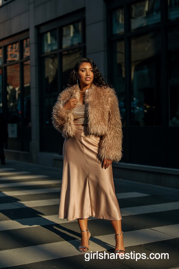 Faux Fur Crop Jacket with Satin Midi Skirt
